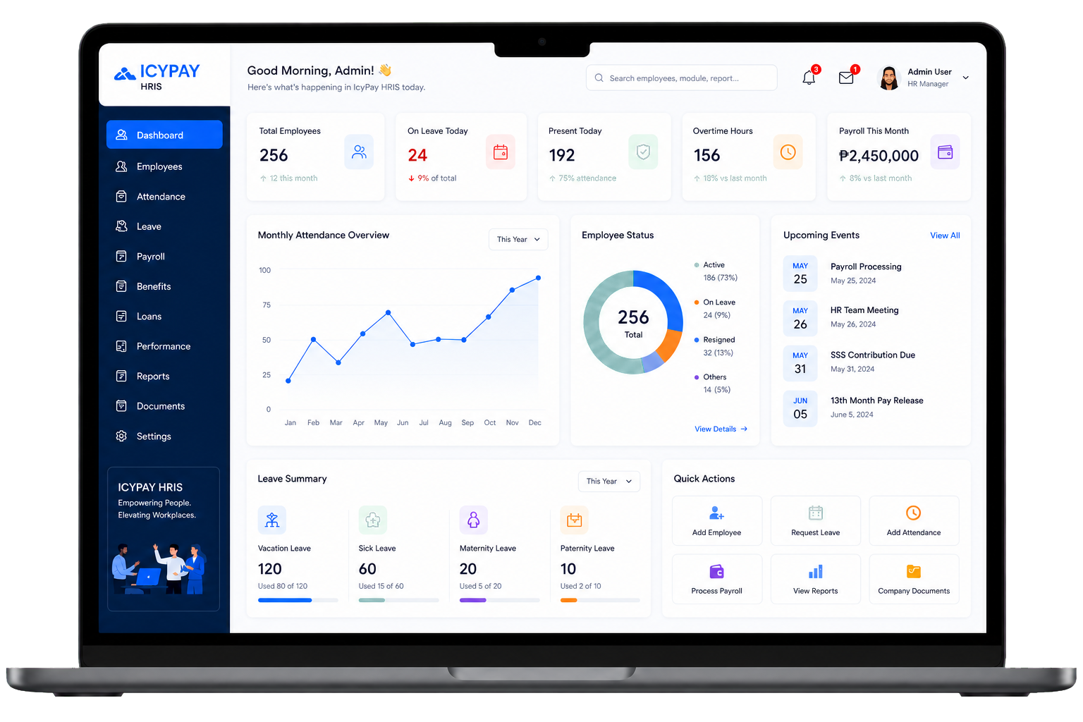 IcyPay HRIS dashboard displayed on a laptop