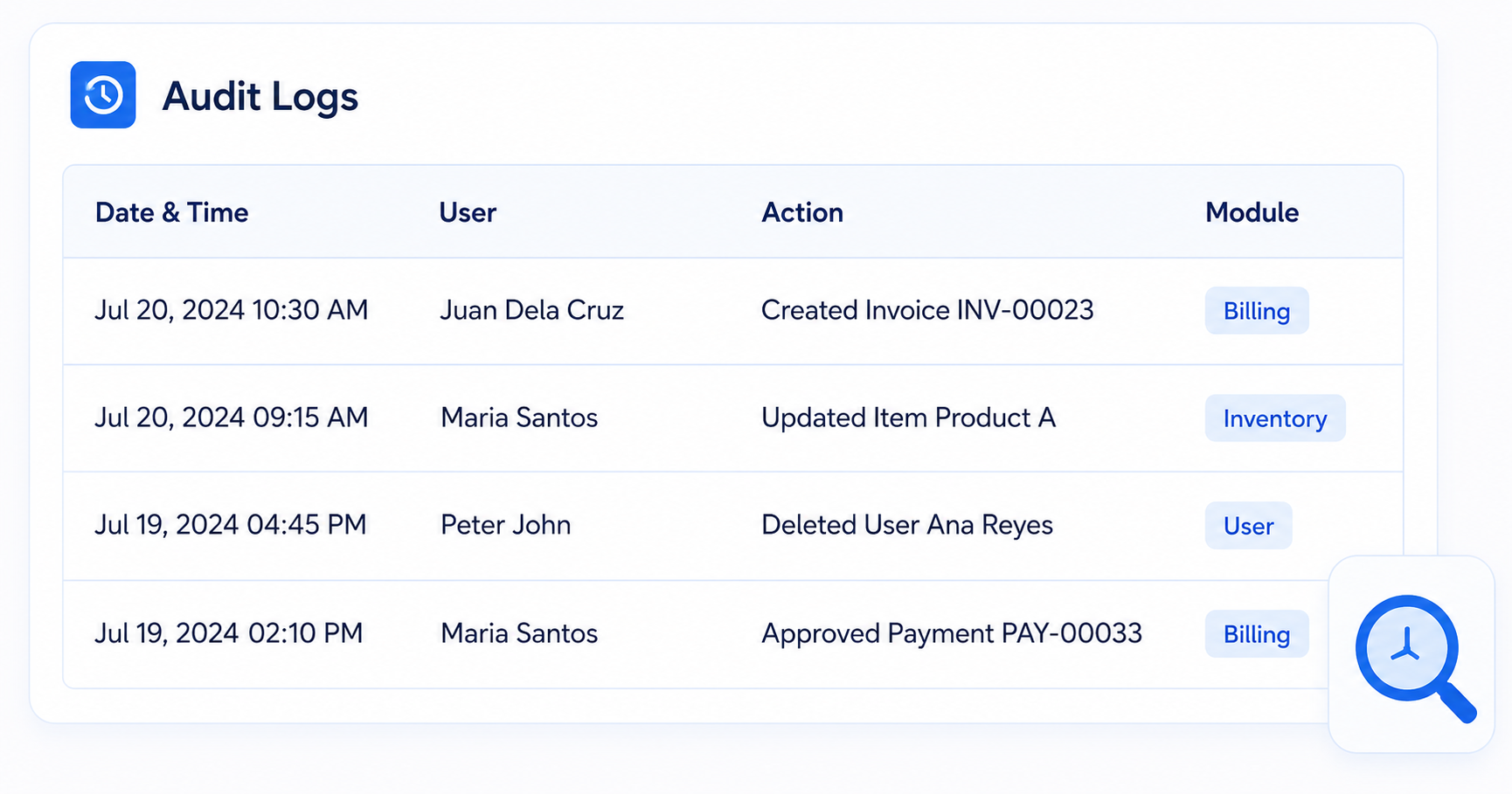 IcyPay ERP audit log and system activity records