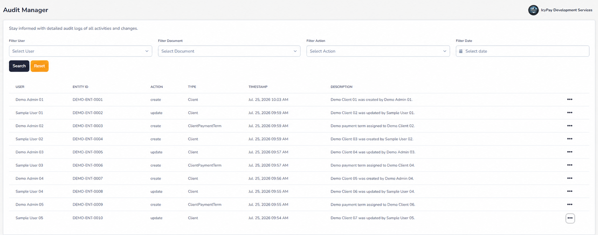 IcyPay ERP audit activity list with fictional demo data