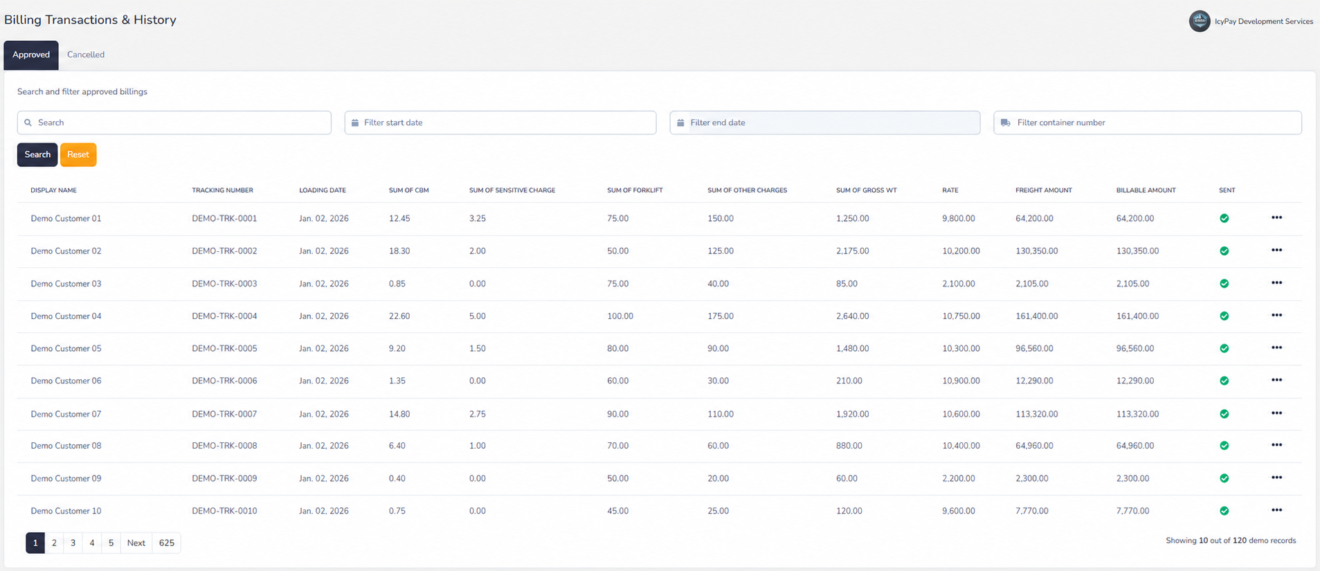 IcyPay ERP billing transactions and history with fictional demo data