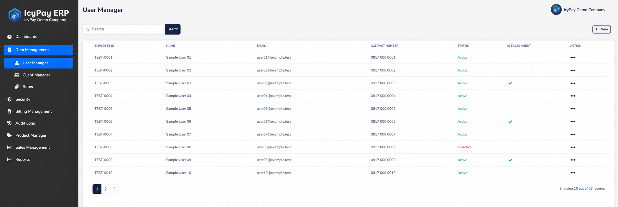 IcyPay ERP user management screen with fictional sample users