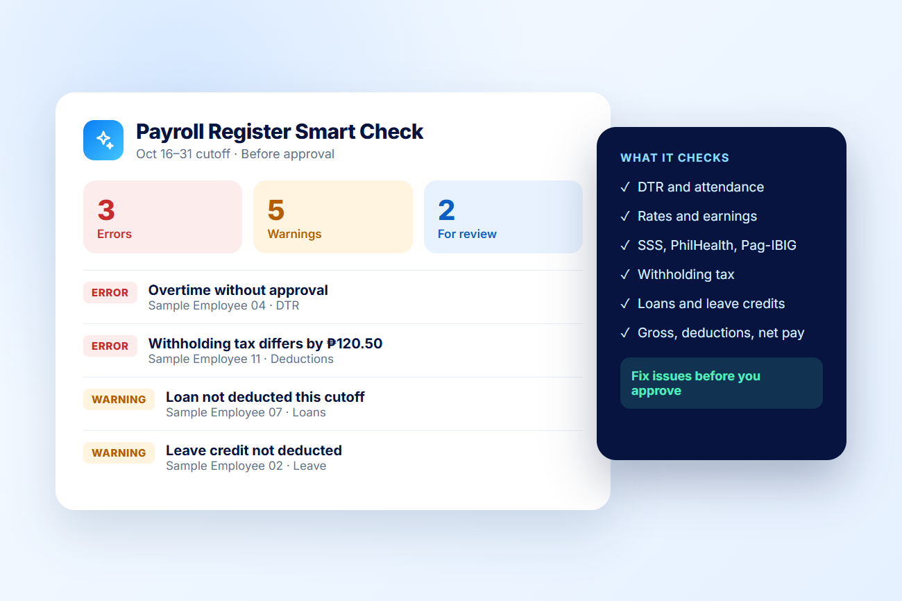 IcyPay HRIS AI payroll register smart check flagging errors and warnings using fictional sample data