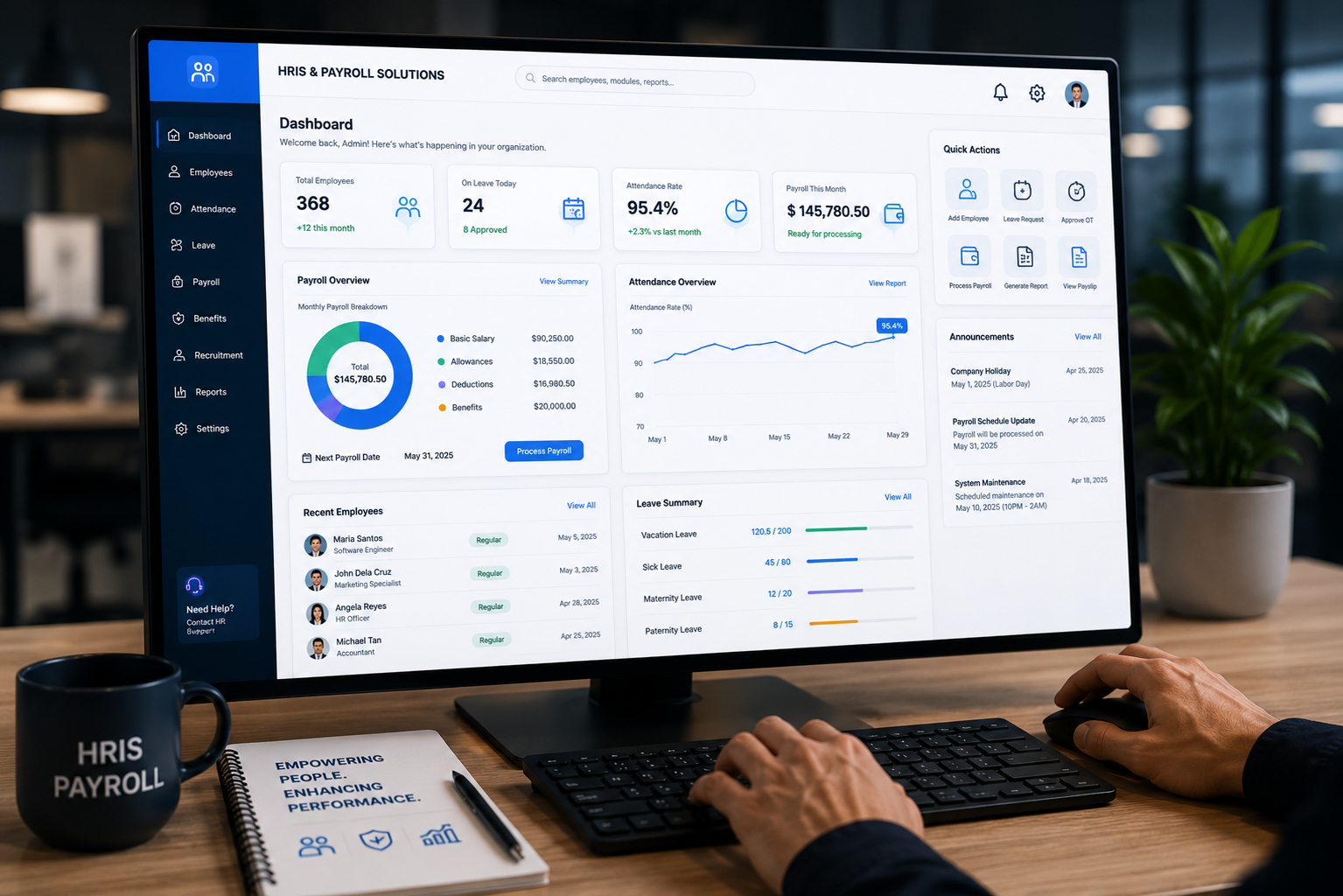 HRIS and payroll solution for connected employee management