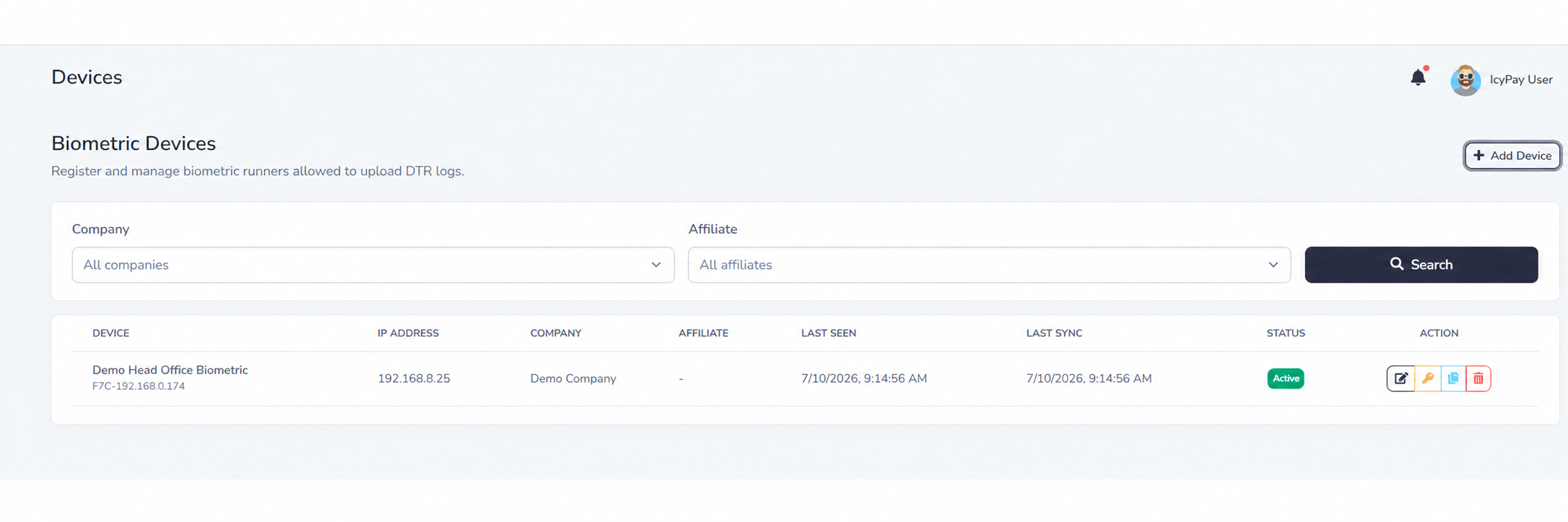 IcyPay HRIS biometric device directory using a fictional demo company