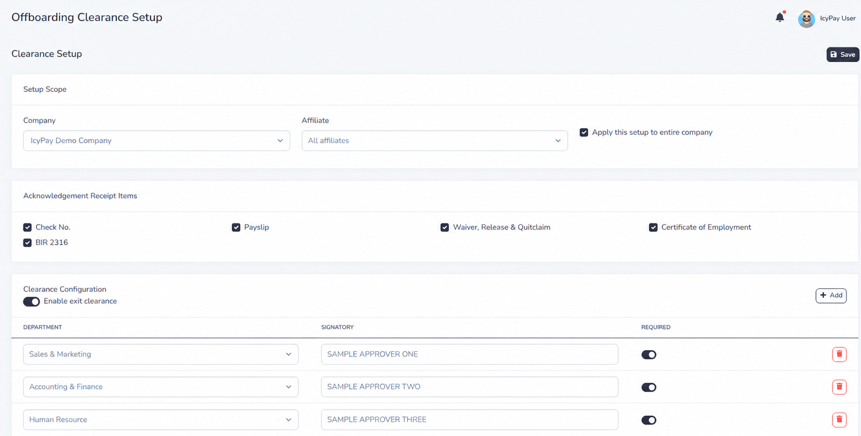 IcyPay HRIS clearance setup using fictional sample approvers and a demo company