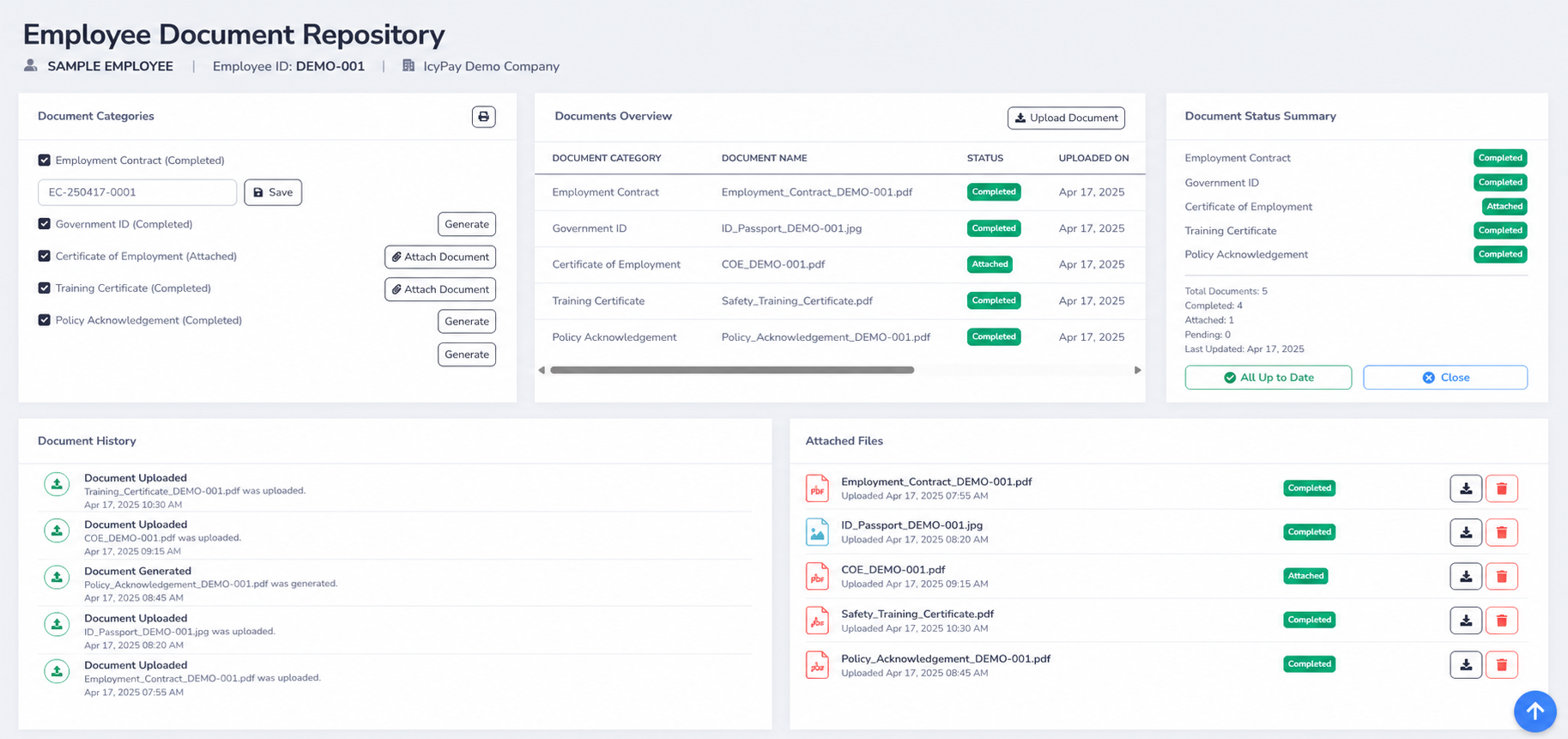 IcyPay HRIS employee document repository using fictional sample employee data
