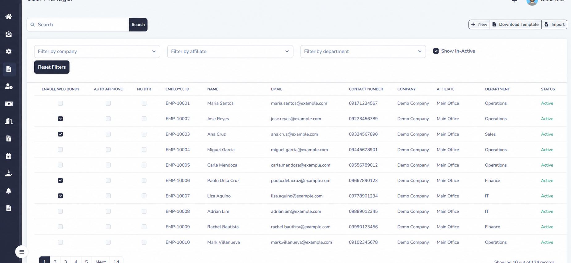 IcyPay HRIS employee directory populated with fictional demo records