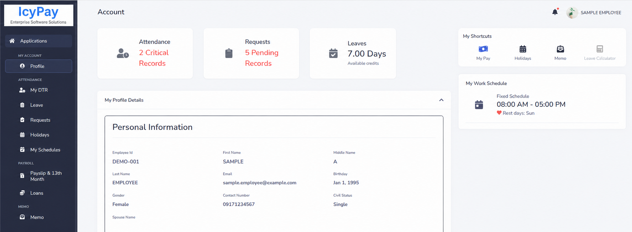 IcyPay HRIS employee self-service profile using fictional employee information