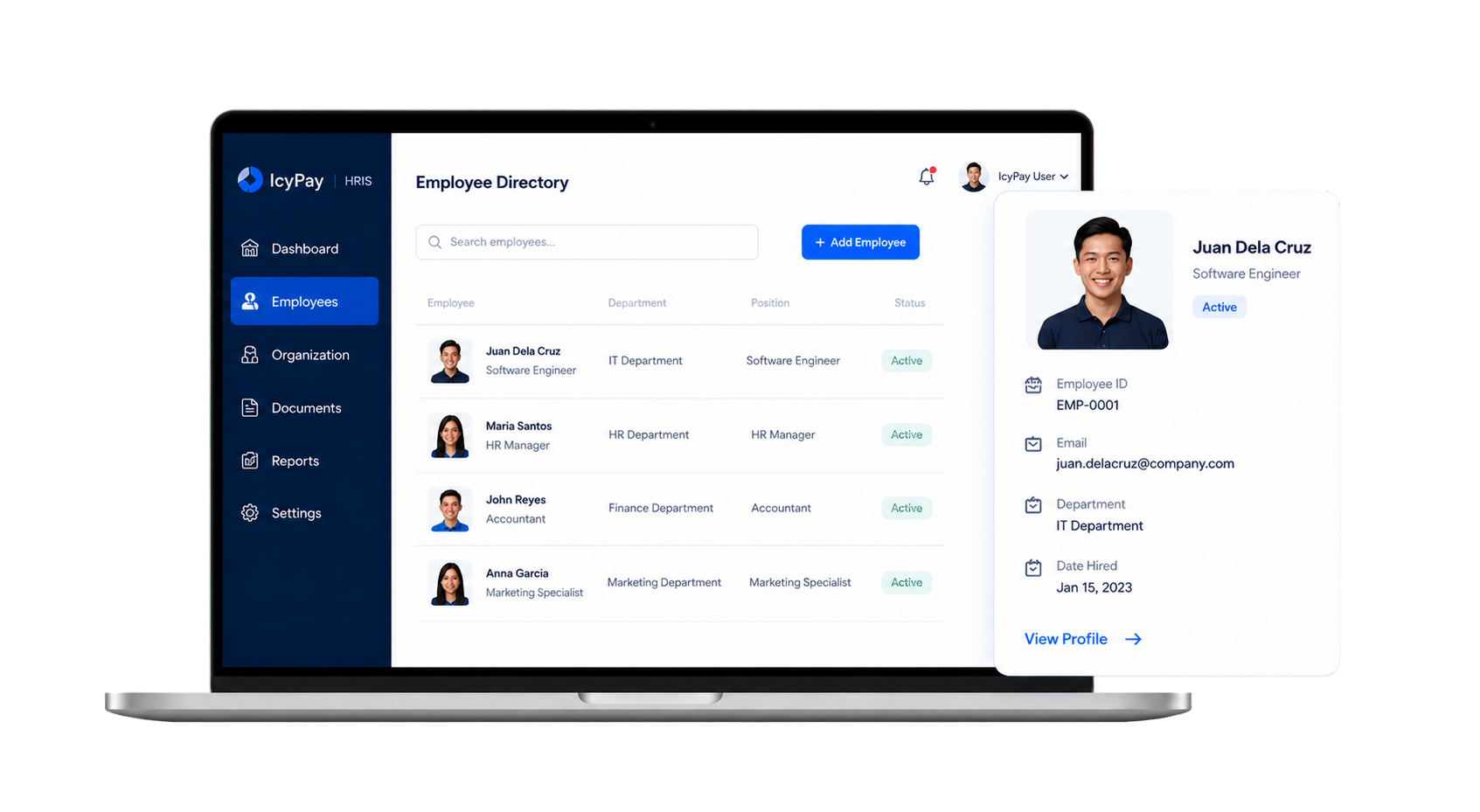 IcyPay HRIS employee management interface displayed on a laptop