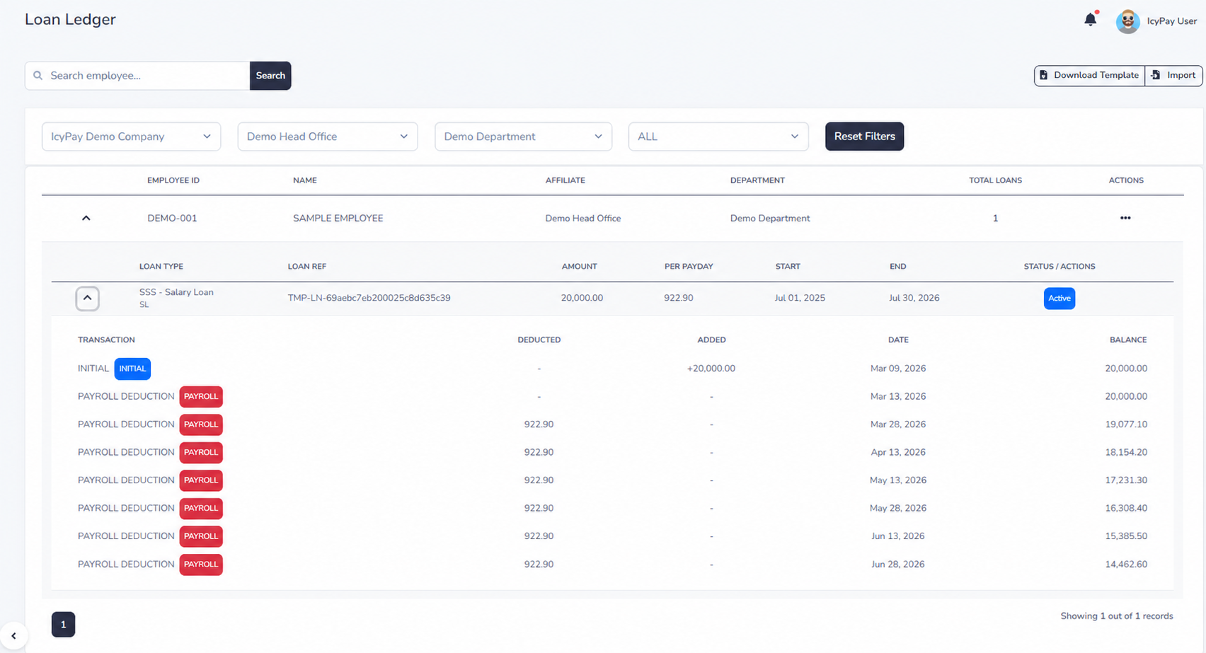 IcyPay HRIS loan directory using a fictional demo employee and company