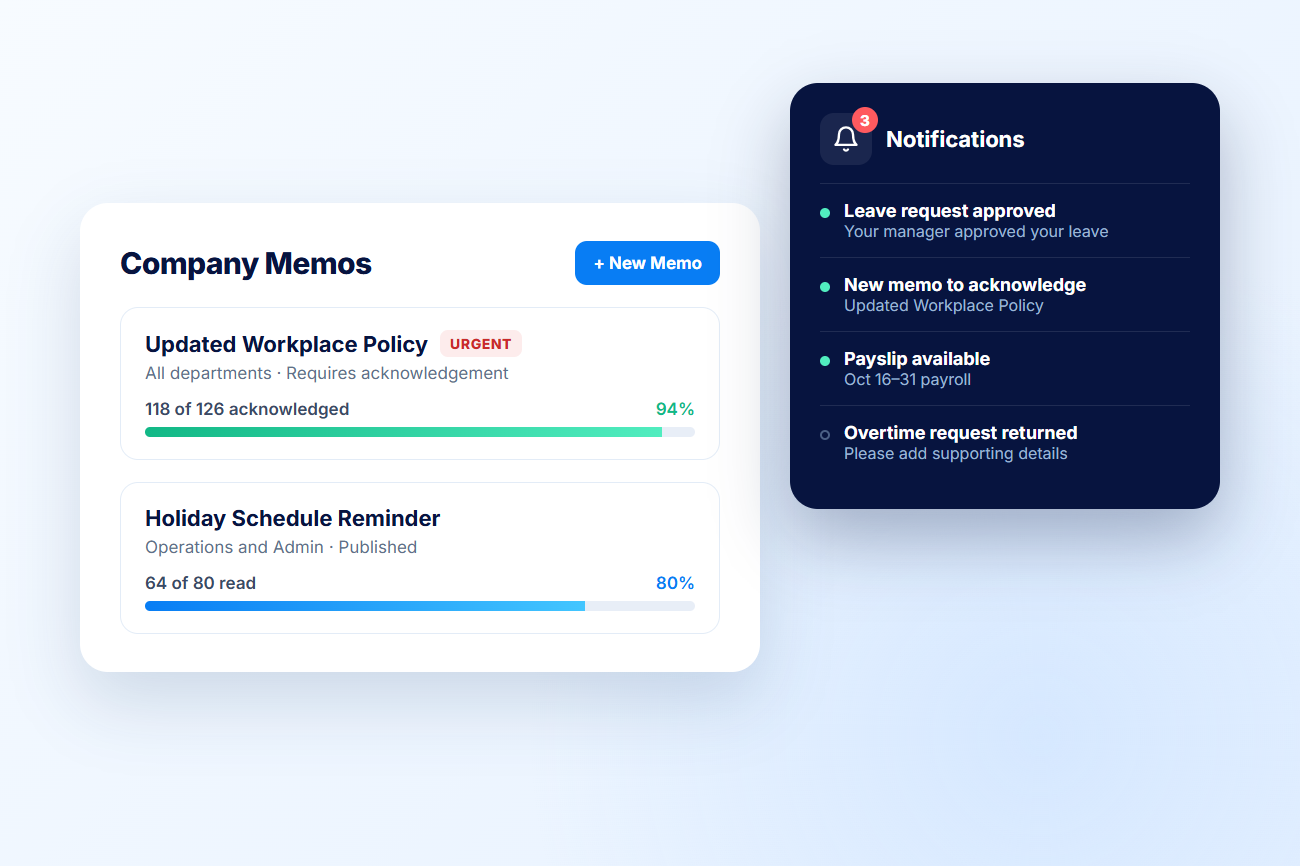 IcyPay HRIS company memos with acknowledgement tracking and employee notifications using fictional sample data