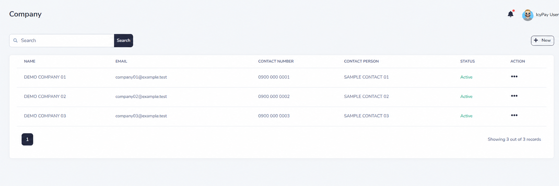 IcyPay HRIS company directory using fictional demo organizations and contacts