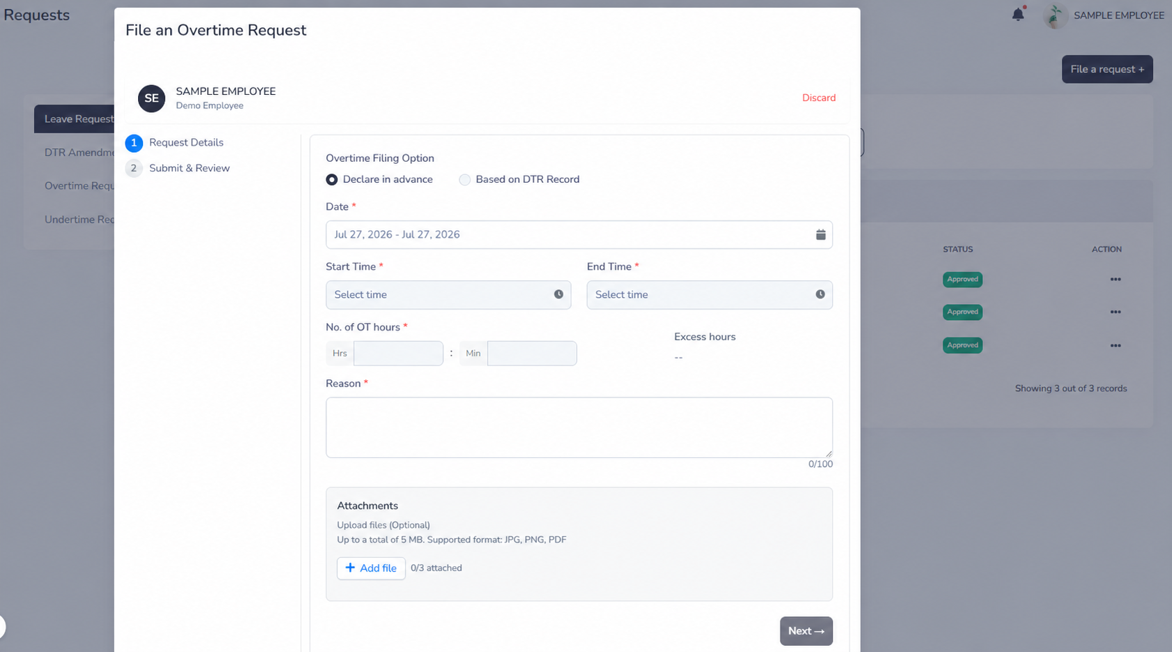 IcyPay HRIS advance overtime request form using a fictional sample employee