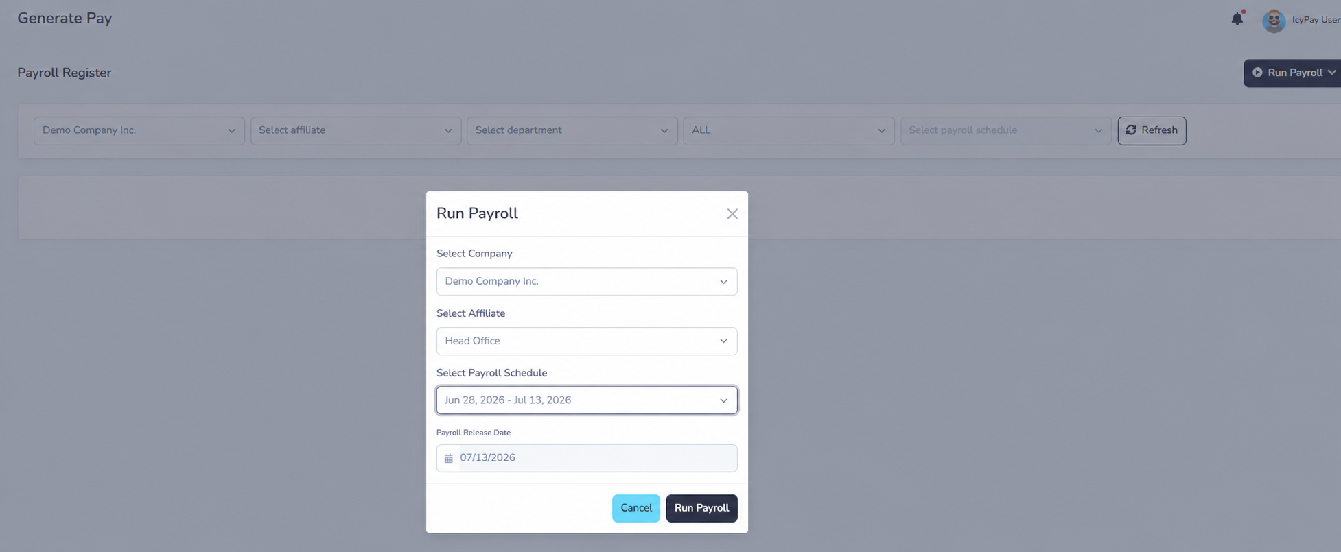 IcyPay HRIS payroll-generation dialog using a fictional demo company