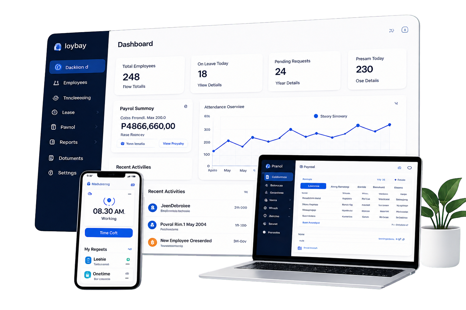 IcyPay HRIS dashboard displayed across desktop, laptop, and mobile devices