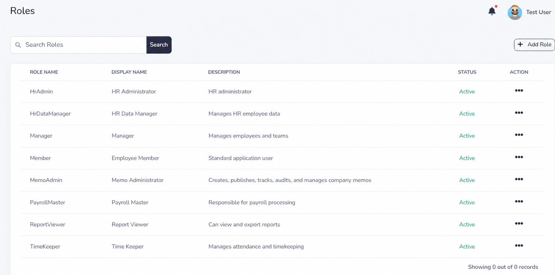 Role management list using fictional demo roles and users
