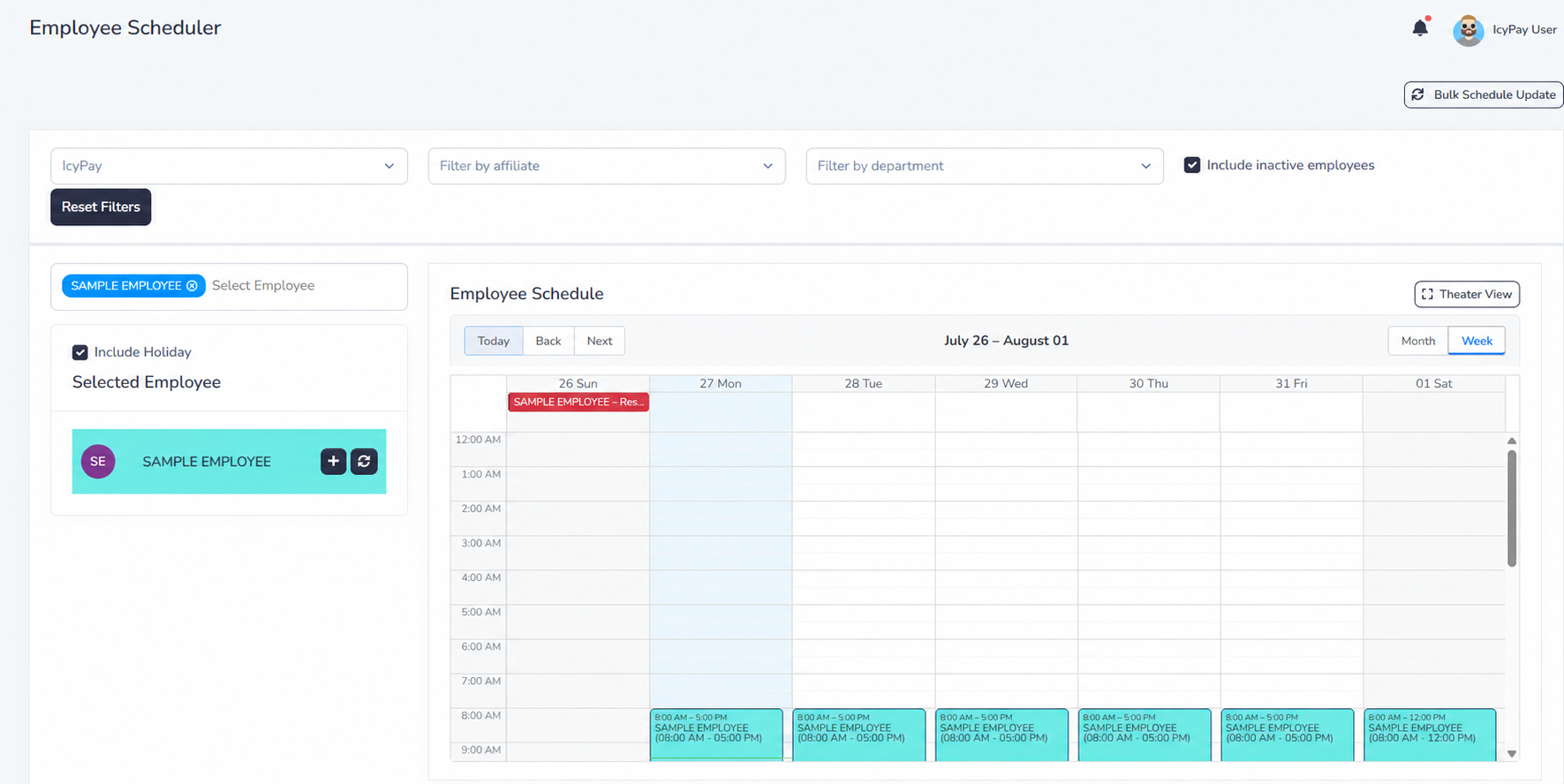 IcyPay HRIS employee scheduling calendar using a fictional sample employee